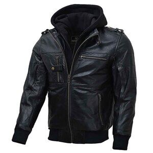 RIDERACT® Men’s Black Leather Motorcycle Jacket with Hood  Winter Biker Gear